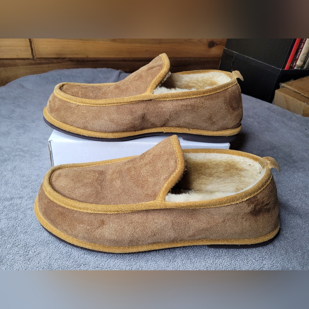 LL Bean Wicked Good Slippers Mens 13 M Faux Fur Lined Brown Leather Slip On Read - Picture 3 of 7